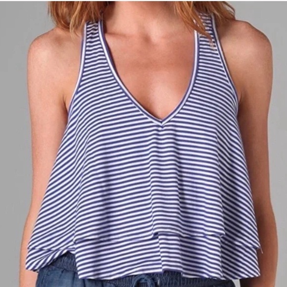 MINKPINK line up striped layered tank top sz L  blue & white striped vneck crop - Picture 2 of 10